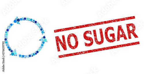 Circle mosaic recycle and NO SUGAR scratched stamp imitation. Stamp includes NO SUGAR caption between parallel lines. Vector mosaic is based on recycle symbol,