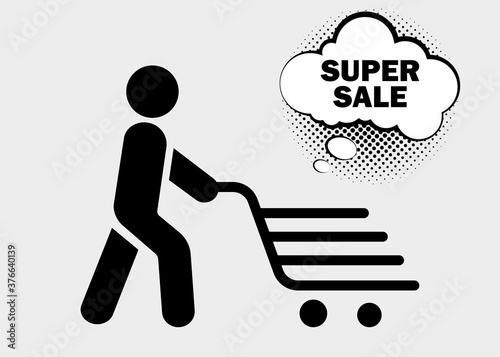 Online shopping and delivery. Shopping trolley, cart on white background. Super sale text. Simple black symbols. Vector illustration. EPS 10