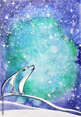 Vector watercolor illustration. Polar bear on snowdrift. Alone male looks at starry sky. Northern lights winter postcard.