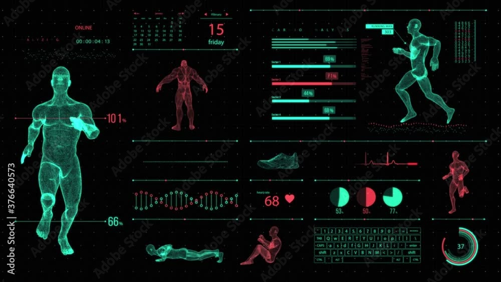 Futuristic HUD panel with 3D human fitness models and other health metrics