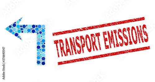 Circle combination turn left and TRANSPORT EMISSIONS grunge stamp seal. Stamp seal includes TRANSPORT EMISSIONS text between parallel lines. Vector mosaic is based on turn left symbol,