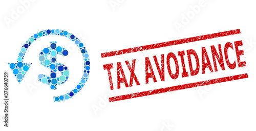 Circle collage chargeback and TAX AVOIDANCE dirty stamp. Stamp seal includes TAX AVOIDANCE caption between parallel lines. Vector collage is based on chargeback symbol,