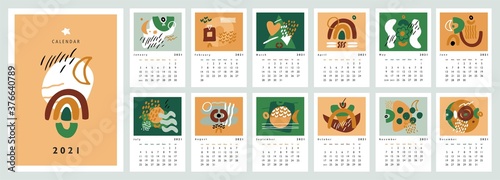 Wall vertical calendar for 2021, the week starts on Sunday. Template A4 format calendar set of month with cut out shapes and abstracts forms. Collection of aesthetic boho posters. Vector illustration.