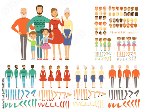Big family. Mascot creation set characters father mother grandparents daughter son body parts and poses for 2d animation. Vector family mother and father, happy face and gesture kit illustration
