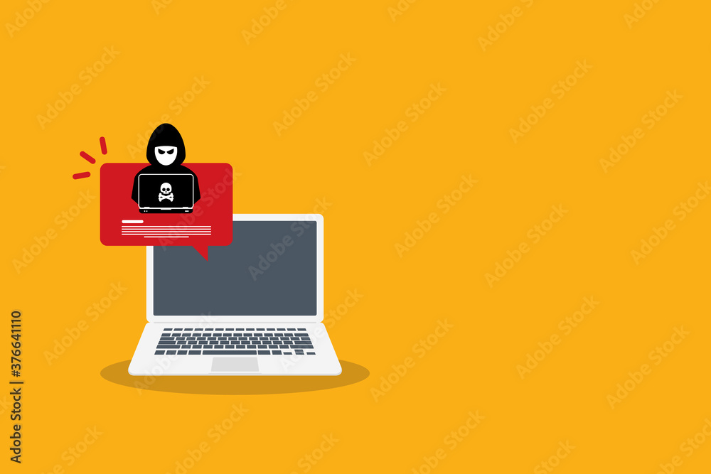 Alert notification on laptop computer vector, hacker, hacker detection, malware concept, spam data, online scam, virus Alert notification on laptop computer vector, hacker, hacker detection, malware concept, spam data, online scam, virus