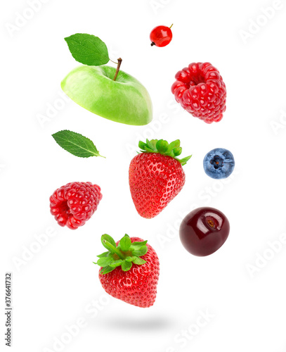 Fototapeta Naklejka Na Ścianę i Meble -  Fruits and berries. Mixed fruits on white background. Fruits falling