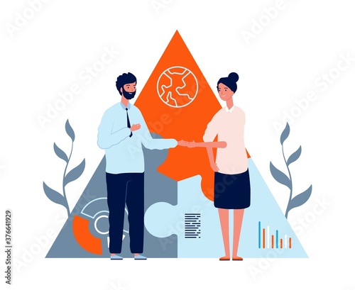 Business collaboration. International deal, woman man handshake. Young investors or teamwork vector illustration. Handshake deal, businesswoman and businessman teamwork, partnership illustration
