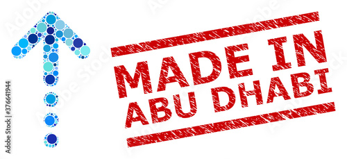 Circle collage send up and MADE IN ABU DHABI textured stamp seal. Stamp includes MADE IN ABU DHABI tag between parallel lines. Vector collage is based on send up symbol,