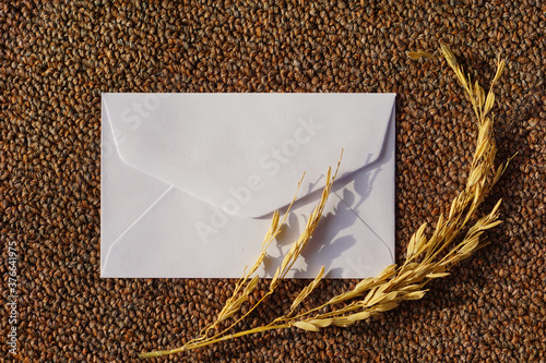 white envelope with dried grass for greeting mockup seasonal concepts on wool fabric background