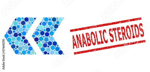 Circle mosaic shift left and ANABOLIC STEROIDS dirty stamp. Stamp seal includes ANABOLIC STEROIDS title between parallel lines. Vector mosaic is based on shift left icon,