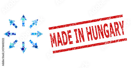 Circle collage radial arrows and MADE IN HUNGARY dirty stamp seal. Stamp includes MADE IN HUNGARY text between parallel lines. Vector collage is based on radial arrows symbol,