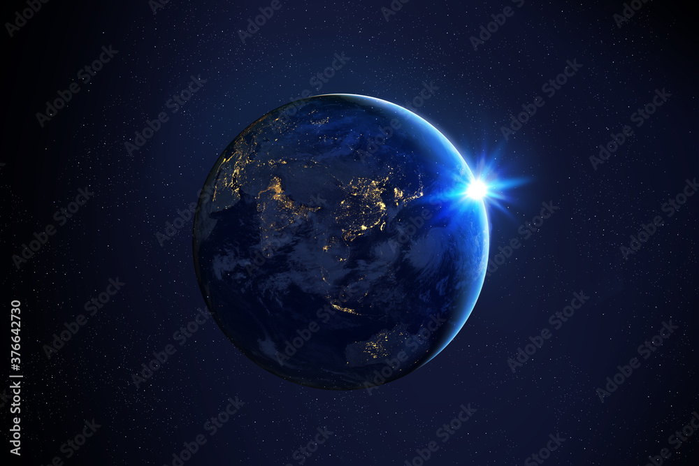Earth at the night. Sunrise over planet Earth, view from space. City lights on planet. Civilization. Elements of this image furnished by NASA