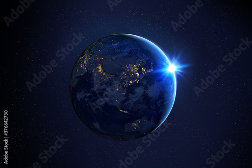 Fototapeta Naklejka Na Ścianę i Meble -  Earth at the night. Sunrise over planet Earth, view from space. City lights on planet. Civilization. Elements of this image furnished by NASA