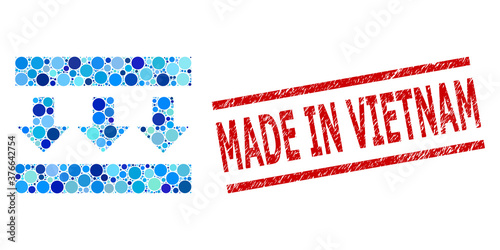 Circle mosaic pressure down and MADE IN VIETNAM grunge stamp seal. Stamp seal includes MADE IN VIETNAM title between parallel lines. Vector mosaic is based on pressure down icon,