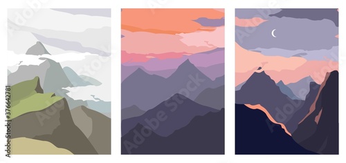 Set of decorative vertical landscape posters. Mountains, forests, sky, clouds cut out in simple shapes. Universal backgrounds for the cover, notebook, book, magazine. Wall decor. Vector illustration.