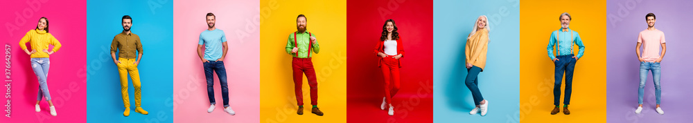 Full length photo collage amazing three ladies five guys hold hand pockets stylish youth cool wear multiple body view video call isolated different color pink red blue yellow purple background - obrazy, fototapety, plakaty 
