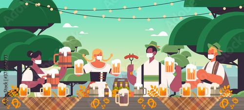mix race people in face masks drinking beer Oktoberfest festival celebration concept landscape background portrait horizontal vector illustration
