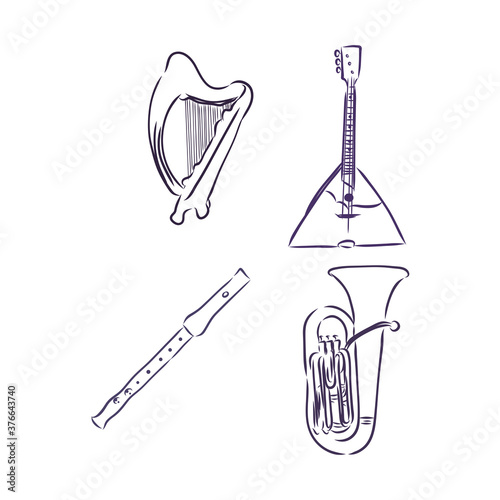 Doodle musical instruments set, vector, set of musical instruments, vector sketch illustration