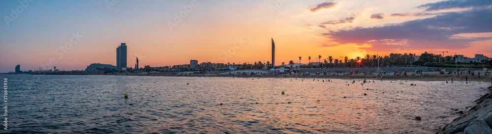 Panorama of a sunset from the beach in Barcelona, Spain