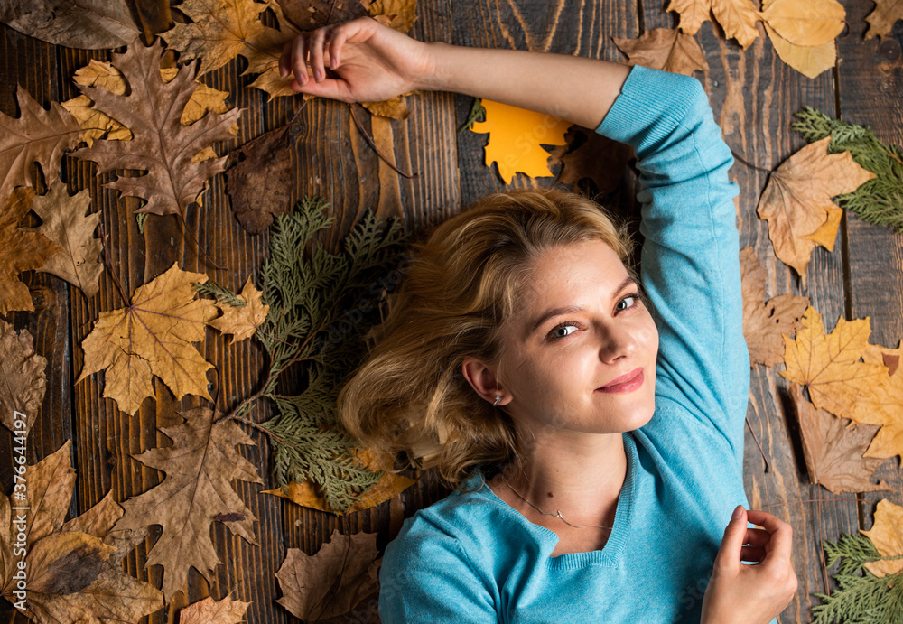 girl relax on autumn background. Beauty in autumn style. Sharing love to nature. Staying beautiful any season. autumn female fashion. Carefree and happy - obrazy, fototapety, plakaty 