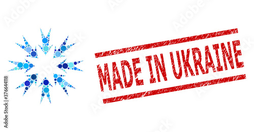 Round dot collage pressure arrows and MADE IN UKRAINE scratched stamp seal. Stamp includes MADE IN UKRAINE text between parallel lines. Vector mosaic is based on pressure arrows symbol,