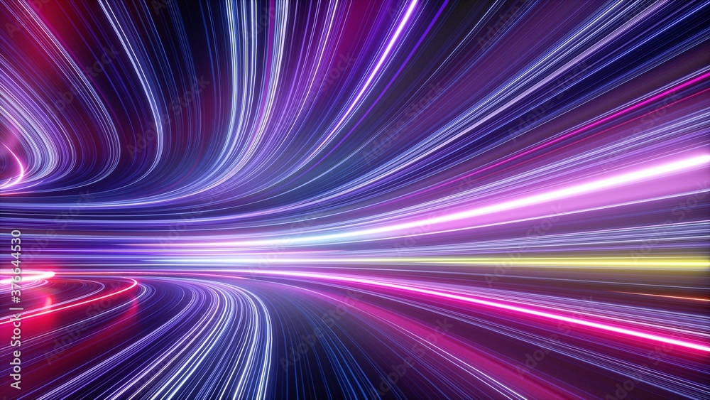 Obraz premium 3d render, abstract neon background, space tunnel turning to left, ultra violet rays, glowing lines, virtual reality jump, speed of light, space and time strings, highway night lights