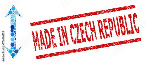 Round dot collage vertical flip and MADE IN CZECH REPUBLIC dirty seal. Stamp seal includes MADE IN CZECH REPUBLIC text between parallel lines. Vector collage is based on vertical flip symbol,