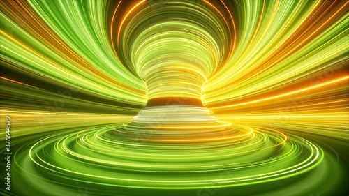 Fototapeta Naklejka Na Ścianę i Meble -  3d render, abstract yellow green neon background, speed of light rays, glowing lines, space and time strings, twisted electromagnetic vortex