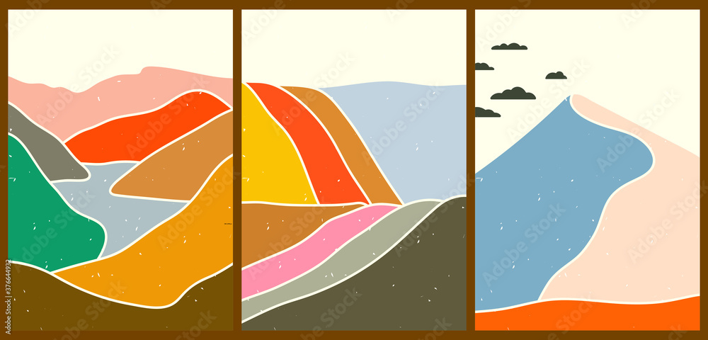 Bright creative cartoon posters. Minimalistic abstract backgrounds for your social networks, stories. Set of landscapes with different shapes, mountains, fields, clouds, rivers, deserts.
