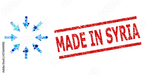 Rounded dot collage compact arrows and MADE IN SYRIA unclean stamp seal. Stamp seal includes MADE IN SYRIA title between parallel lines. Vector collage is based on compact arrows icon,