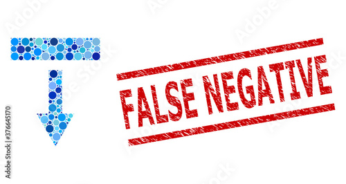 Round dot mosaic pull down and FALSE NEGATIVE textured stamp seal. Stamp includes FALSE NEGATIVE caption between parallel lines. Vector mosaic is based on pull down icon,