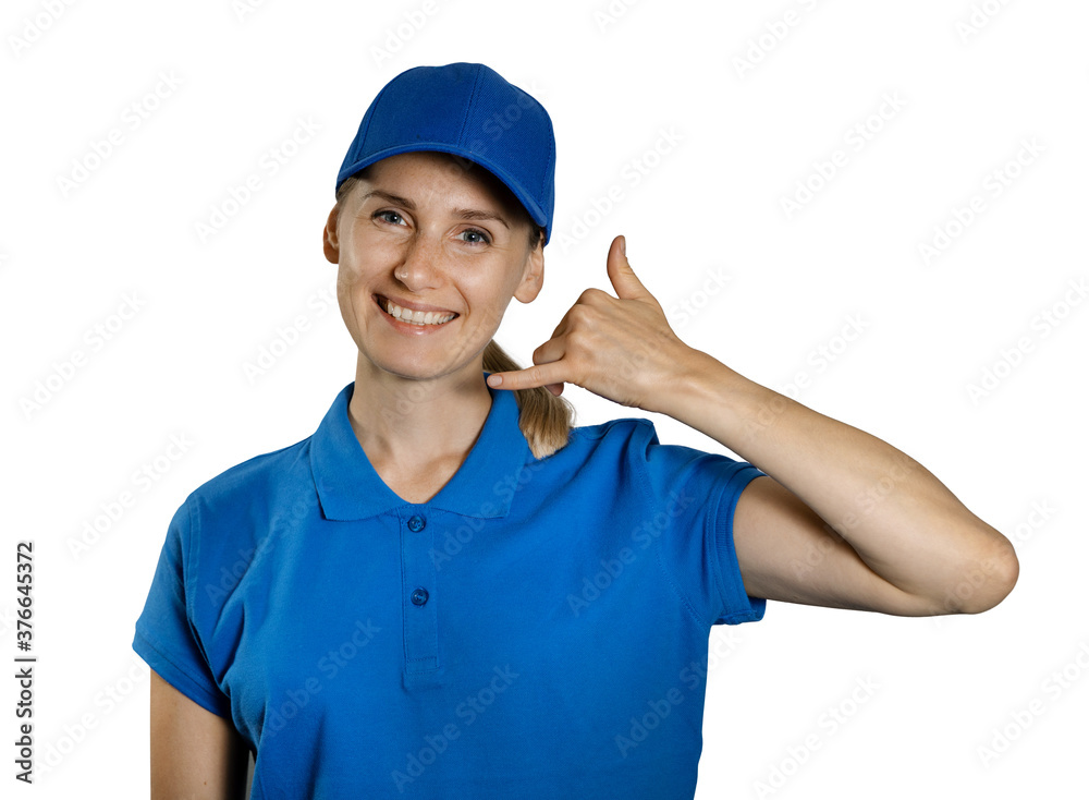 support service industry - young smiling woman in blue uniform showing call contact gesture. isolated on white background support service industry - young smiling woman in blue uniform showing call contact gesture. isolated on white background