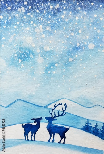 Vector watercolor illustration. Deers on background mountains. Winter landscape. Couple deers. Blue snowy sky. Male with large horns.