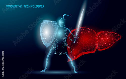 Low poly 3D human liver khight shield protect. Medicine recovery technology drug medicine concept. Vector illustration