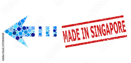 Round dot collage send left and MADE IN SINGAPORE rubber stamp seal. Stamp includes MADE IN SINGAPORE tag between parallel lines. Vector collage is based on send left icon,