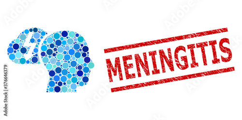 Circle composition brainstorming and MENINGITIS dirty seal. Stamp seal includes MENINGITIS tag between parallel lines. Vector mosaic is based on brainstorming symbol,