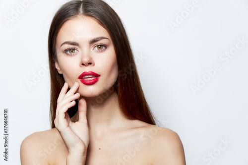 Woman Nude shoulders red lips smile attractive look skin care