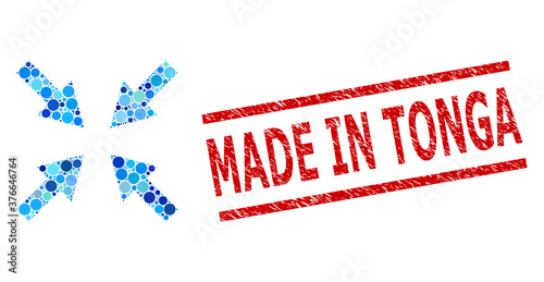 Circle collage compress arrows and MADE IN TONGA rubber stamp imitation. Stamp includes MADE IN TONGA tag between parallel lines. Vector collage is based on compress arrows icon,