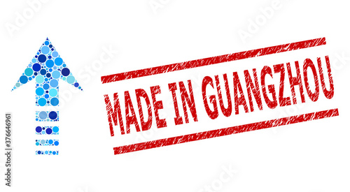 Round dot collage send up and MADE IN GUANGZHOU unclean stamp. Stamp includes MADE IN GUANGZHOU caption between parallel lines. Vector collage is based on send up symbol,