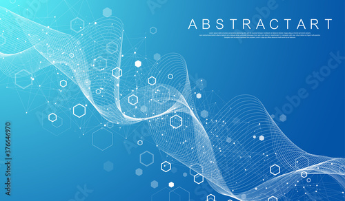 Technology abstract lines and dots connect background with hexagons. Hexagon grid. Hexagons connection digital data and big data concept. Hex digital data visualization. Vector illustration.