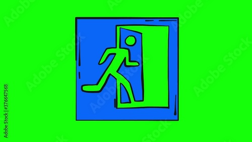Blue pulsatile emergency exit sign animation isolated on green and looped photo