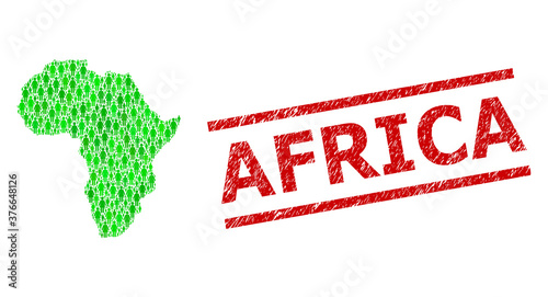 Green dollar and men mosaic map of Africa and grunge seal stamp. Seal includes AFRICA title between parallel lines. Mosaic map of Africa constructed of green dollars, and men and women items.
