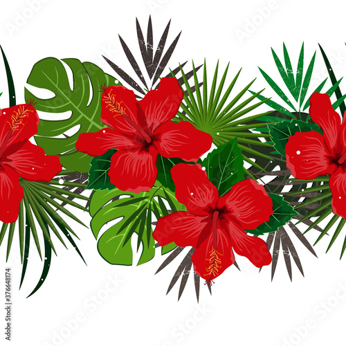 Seamless vector floral summer border with tropical palm leaves and hibiscus flowers. Perfect for wallpapers, web page backgrounds, surface textures, textile