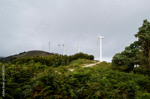 Vista de molinos de viento. Grupo de molinos de viento en la montaña. Foto realizada en un día nublado. concepto de energia renovable. Granja de molinos de viento.