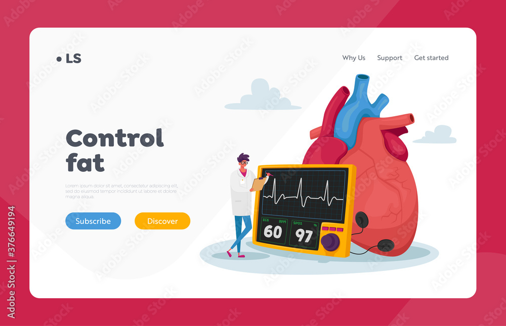 Fototapeta premium Cardiology Medicine, Health Care Landing Page Template. Tiny Doctor Stand at Huge Heart Measure Cholesterol Level