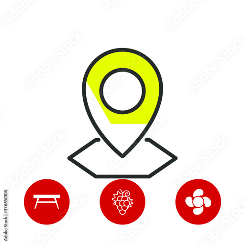 map pointer icon and three bonus icons on white background, vector