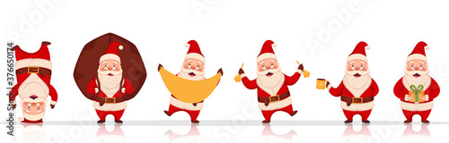 Cheerful Santa Claus Character in Different Poses with Heavy Sack, Gift Box and Jingle Bells on White Background.