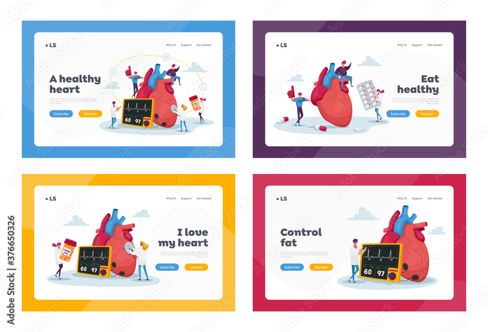 Cardiology Landing Page Template Set. Tiny Doctor Characters with Drugs and Equipment at Huge Human Heart Measure Pulse