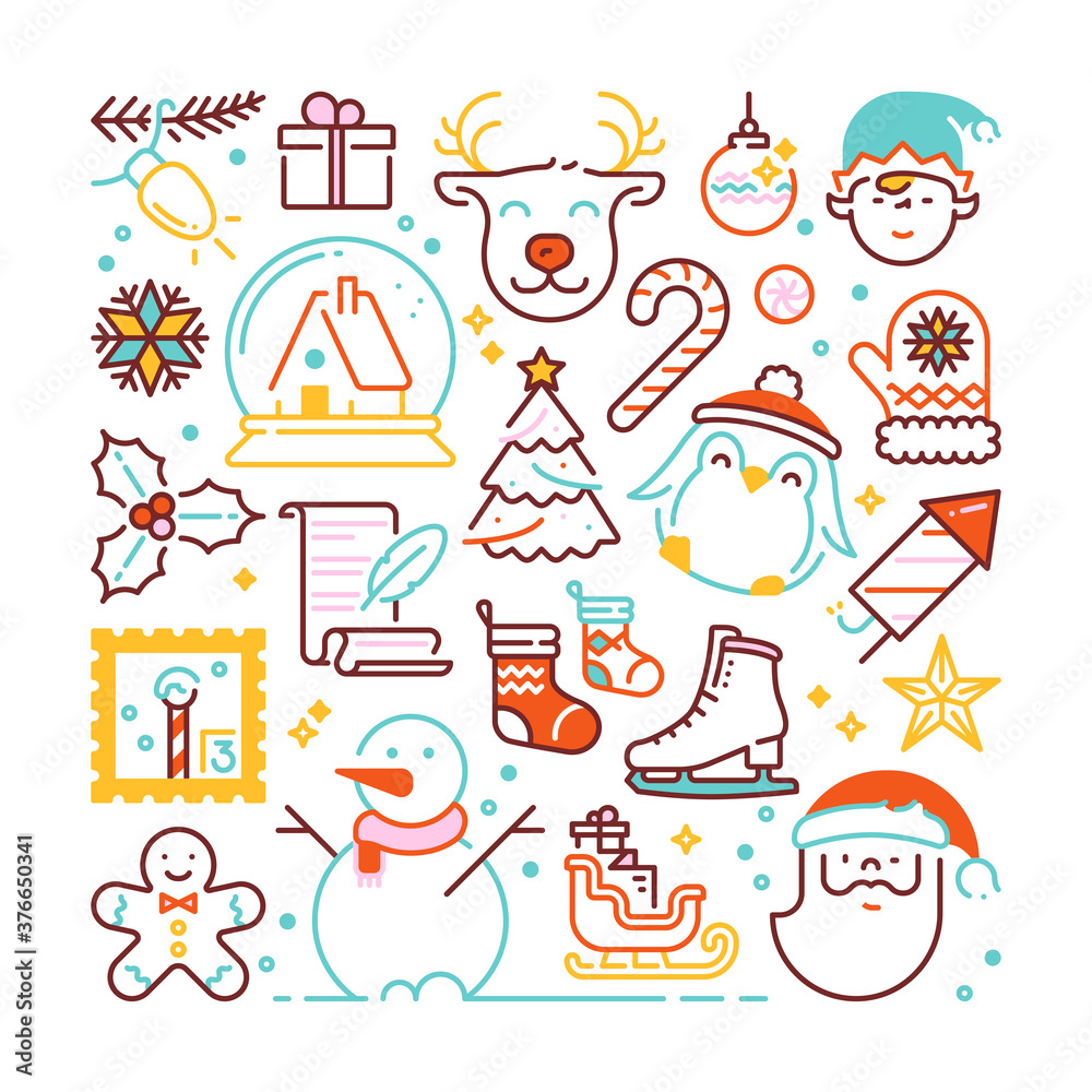 Winter holidays. Christmas greeting card. Colorful line icon and white background