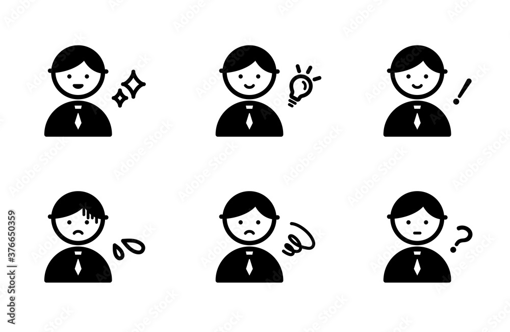 色々な考えの男性のアイコン/思う/悩む/閃く/やる気/驚き/疑問/疲れる/焦る/汗 色々な考えの男性のアイコン/思う/悩む/閃く/やる気/驚き/疑問/疲れる/焦る/汗